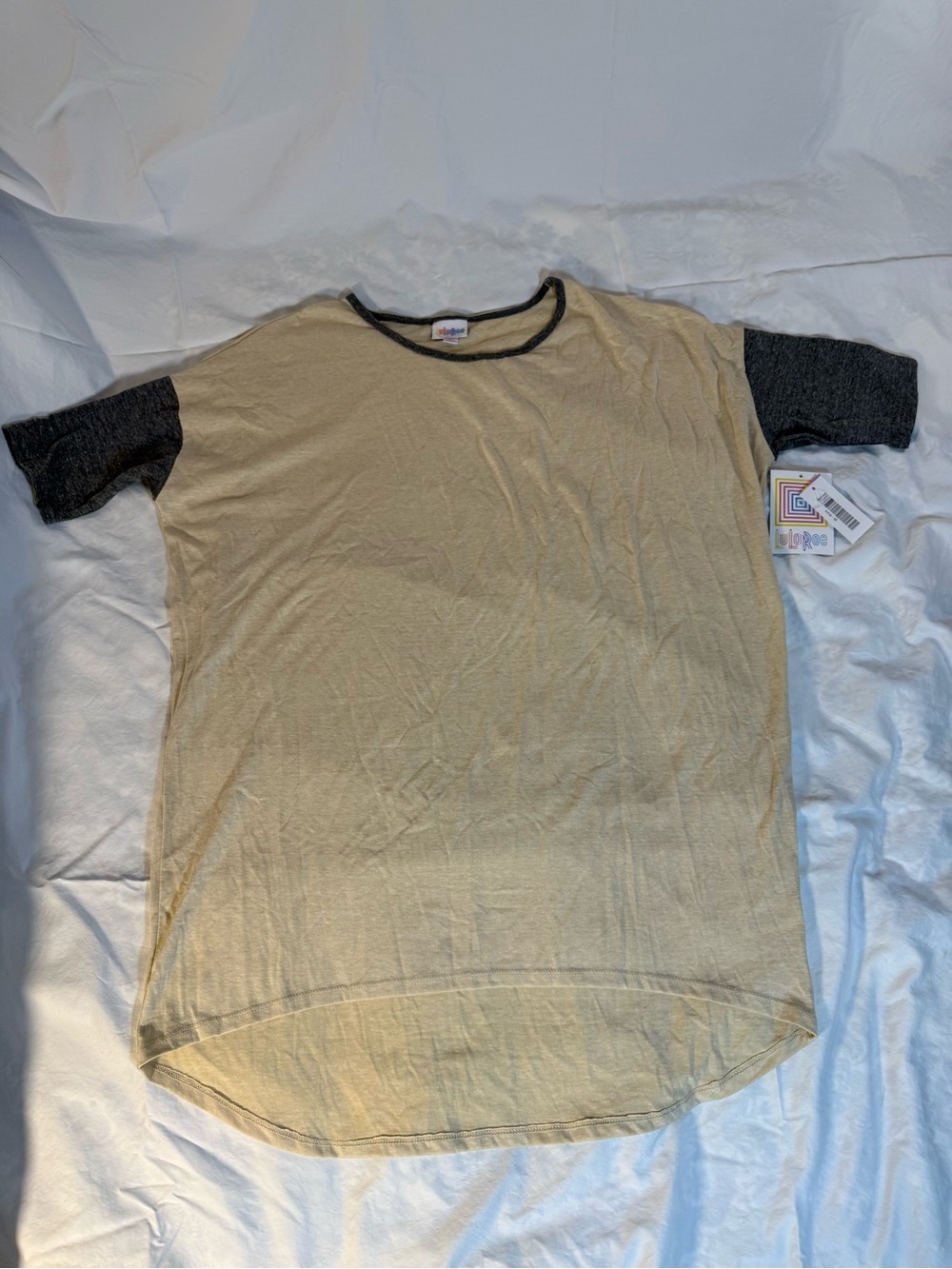 LuLaRoe Irma Beige Tee with Charcoal Contrast Sleeves NWT